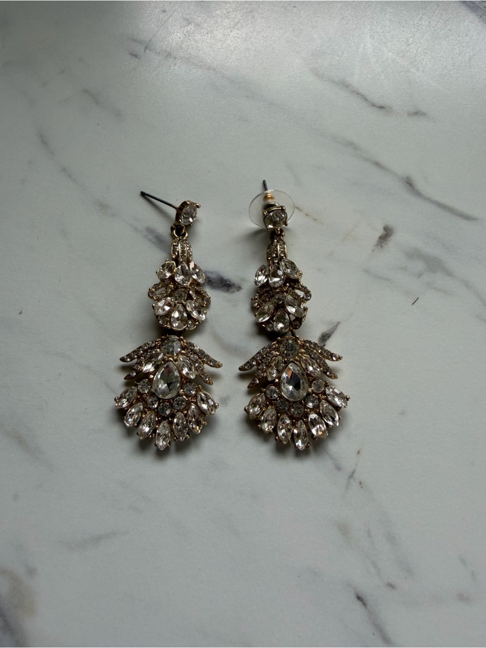 Gold Tone Rhinestone Chandelier Statement Earrings